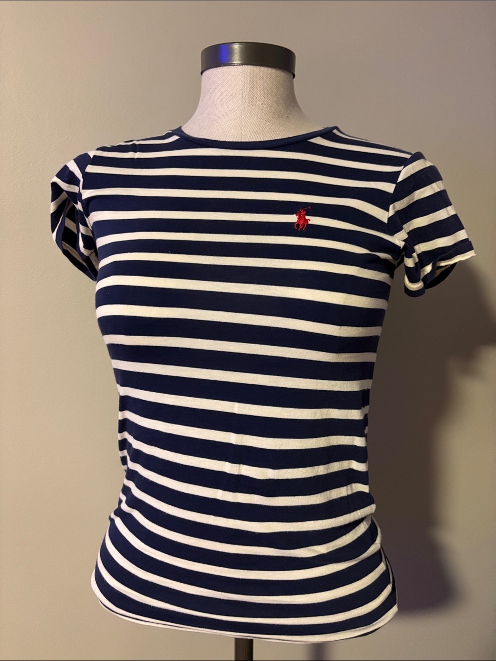 Ralph Lauren Navy & White Striped Short Sleeve Tee with Red Pony